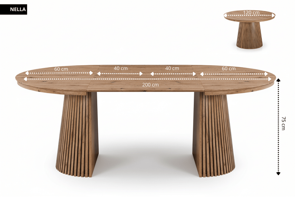 Table extensible NOMA Ø 120 à 200 cm – Plateau céramique effet marbre & piètement en bois rainuré