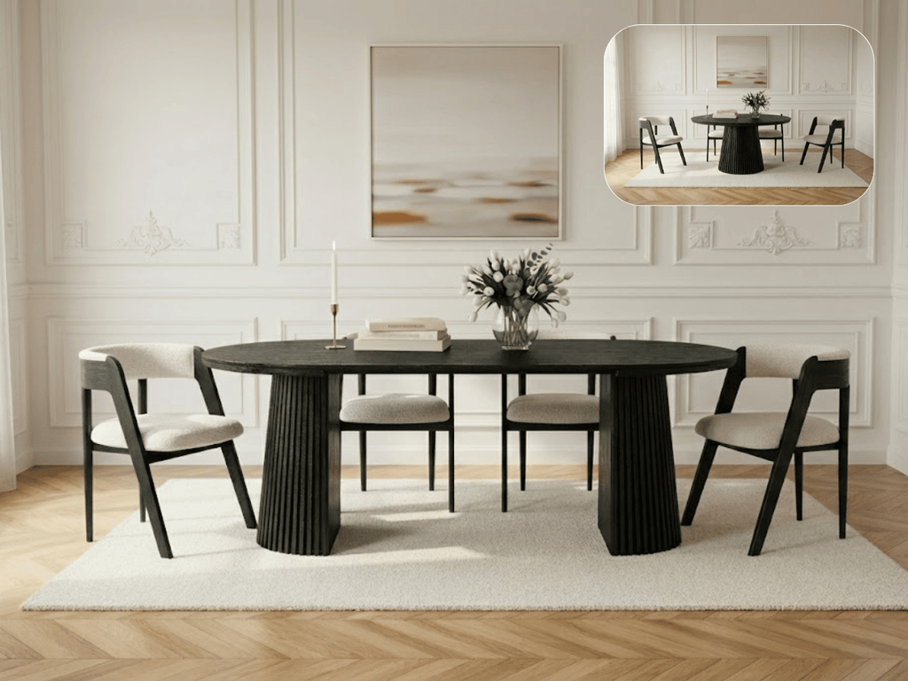Table extensible NOMA Ø 120 à 200 cm – Plateau céramique effet marbre & piètement en bois rainuré