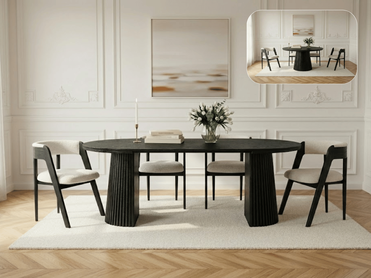Table extensible NOMA Ø 120 à 200 cm – Plateau céramique effet marbre & piètement en bois rainuré