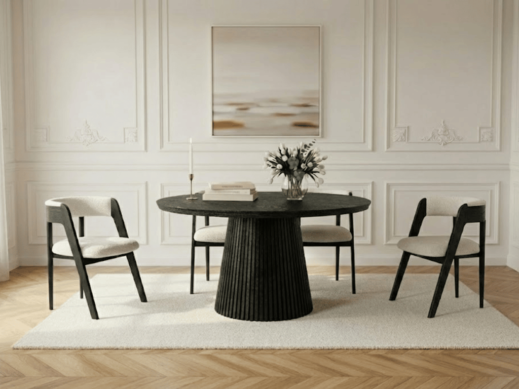 Table extensible NOMA Ø 120 à 200 cm – Plateau céramique effet marbre & piètement en bois rainuré