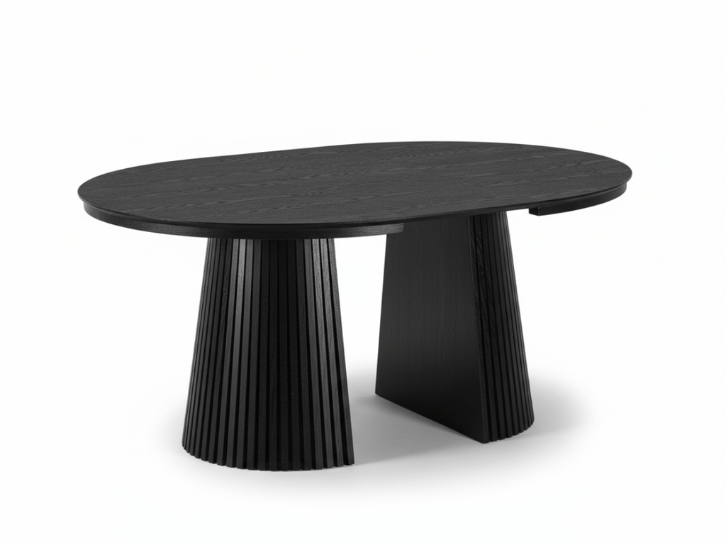 Table extensible NOMA Ø 120 à 200 cm – Plateau céramique effet marbre & piètement en bois rainuré