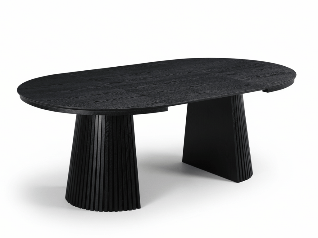 Table extensible NOMA Ø 120 à 200 cm – Plateau céramique effet marbre & piètement en bois rainuré