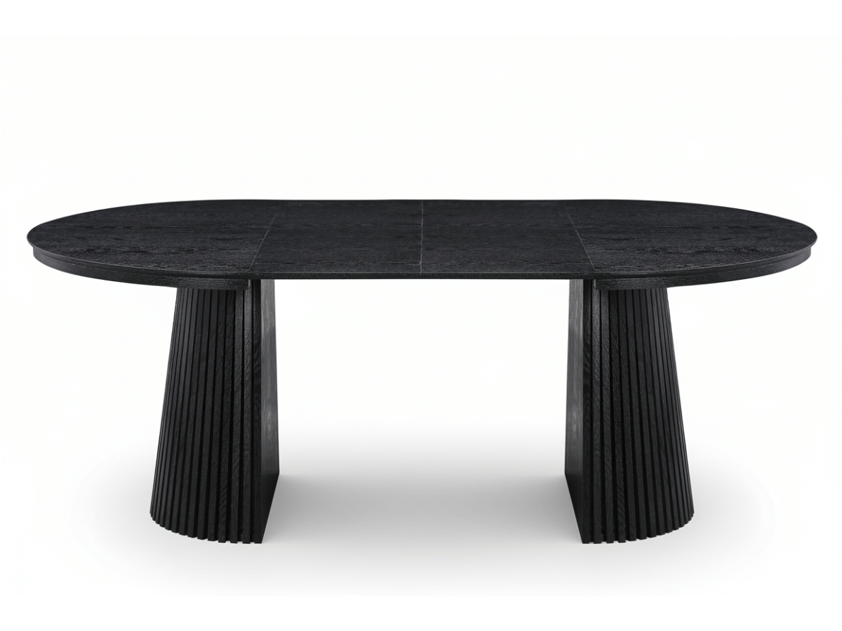 Table extensible NOMA Ø 120 à 200 cm – Plateau céramique effet marbre & piètement en bois rainuré