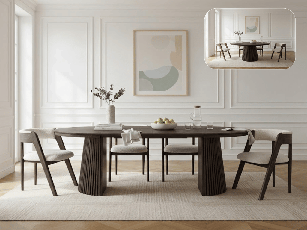 Table extensible NOMA Ø 120 à 200 cm – Plateau céramique effet marbre & piètement en bois rainuré