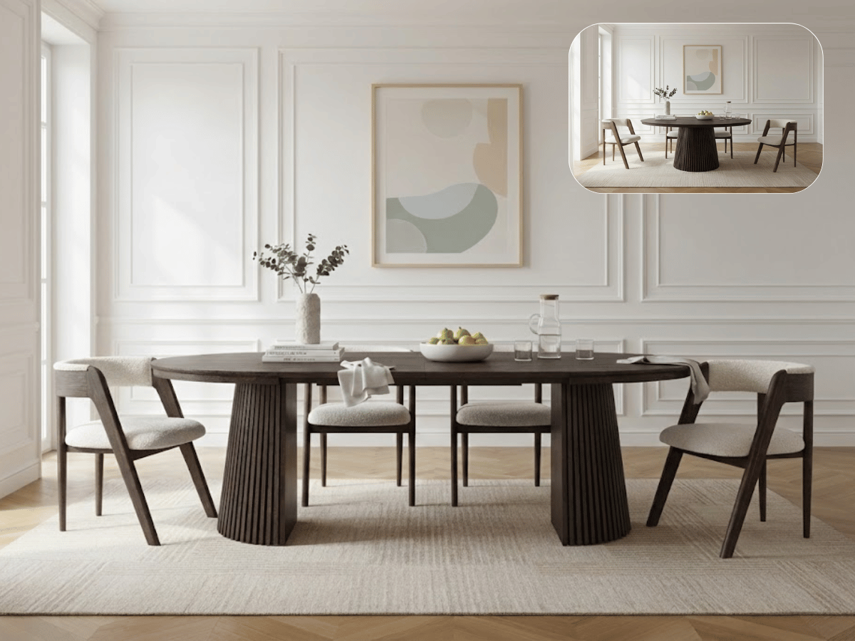 Table extensible NOMA Ø 120 à 200 cm – Plateau céramique effet marbre & piètement en bois rainuré