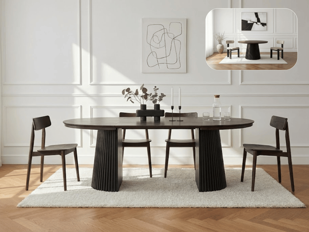 Table extensible NOMA Ø 120 à 200 cm – Plateau céramique effet marbre & piètement en bois rainuré
