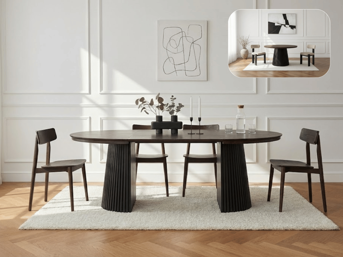 Table extensible NOMA Ø 120 à 200 cm – Plateau céramique effet marbre & piètement en bois rainuré