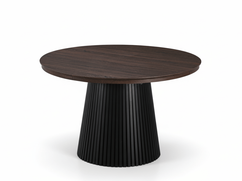 Table extensible NOMA Ø 120 à 200 cm – Plateau céramique effet marbre & piètement en bois rainuré