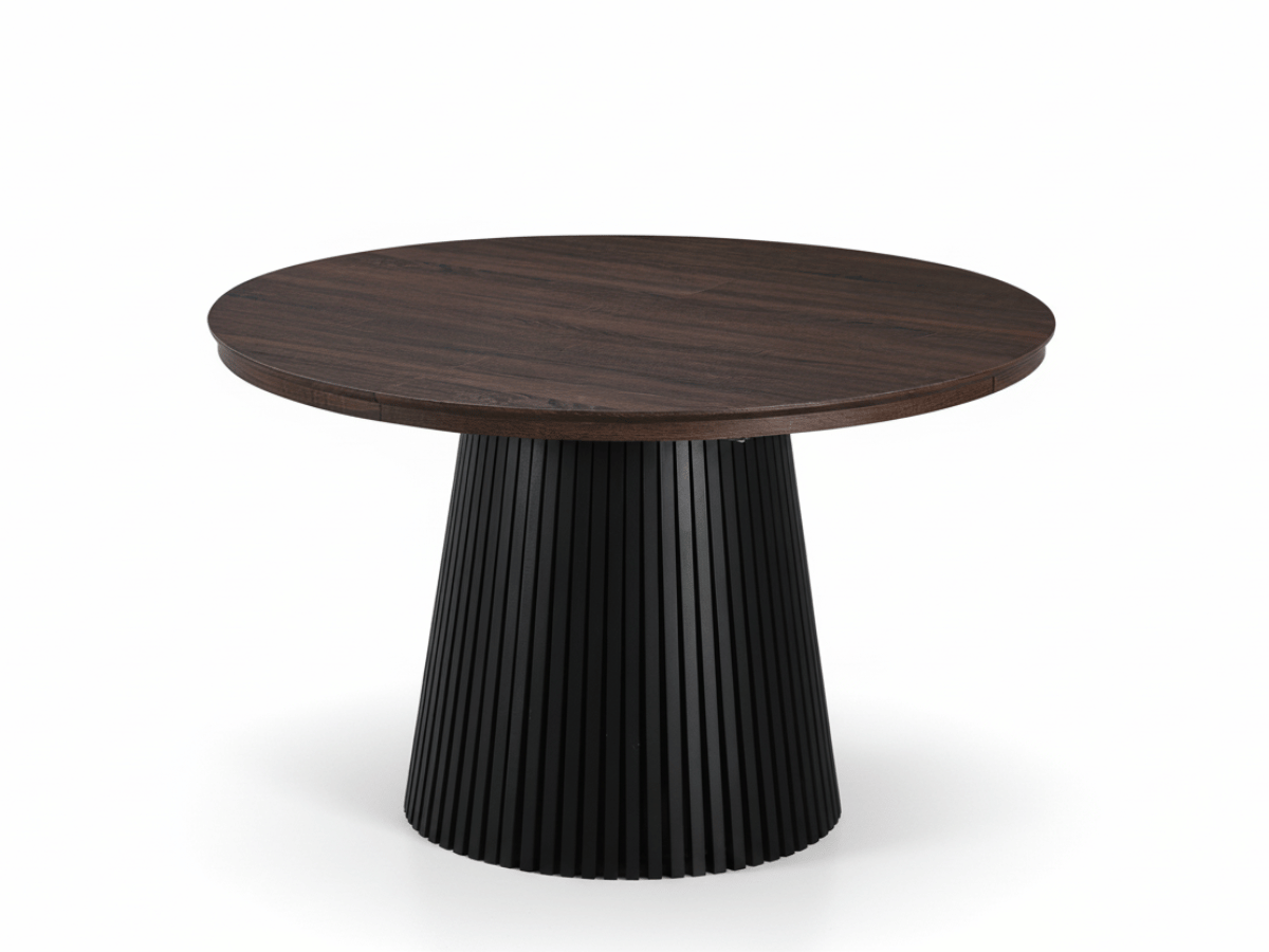 Table extensible NOMA Ø 120 à 200 cm – Plateau céramique effet marbre & piètement en bois rainuré