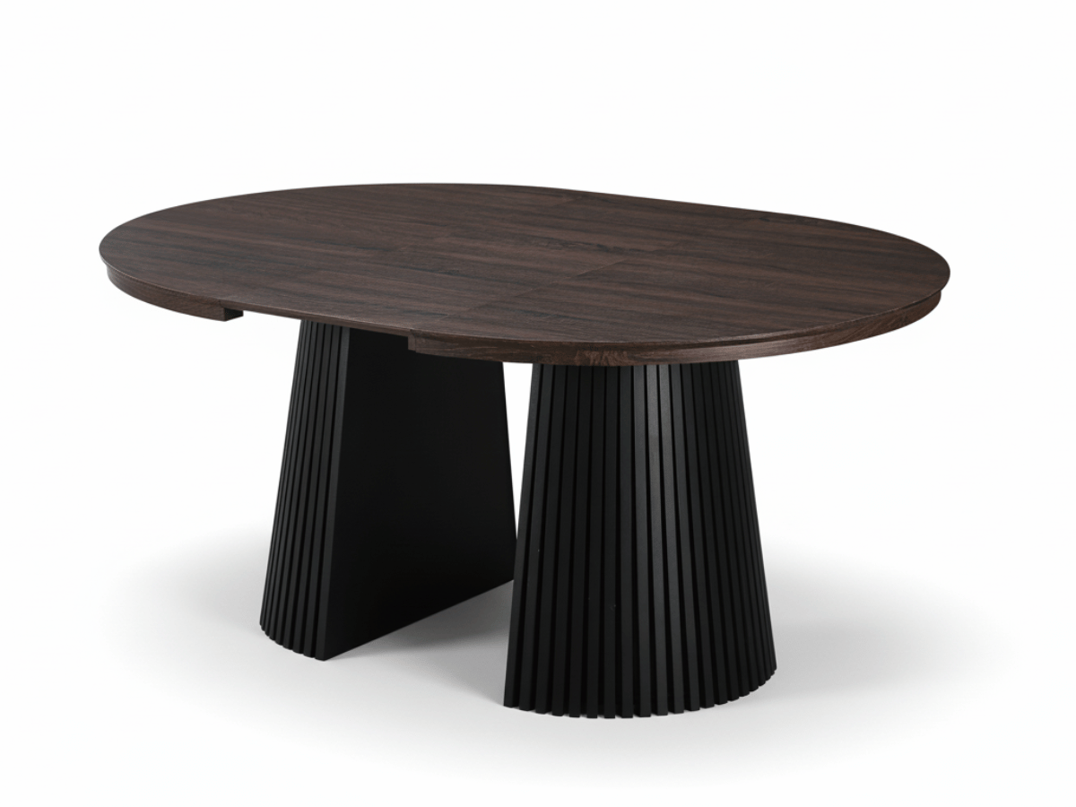Table extensible NOMA Ø 120 à 200 cm – Plateau céramique effet marbre & piètement en bois rainuré