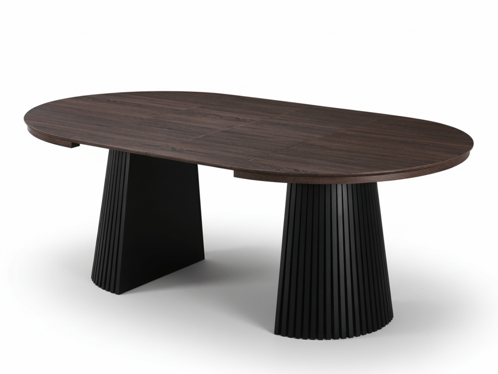 Table extensible NOMA Ø 120 à 200 cm – Plateau céramique effet marbre & piètement en bois rainuré
