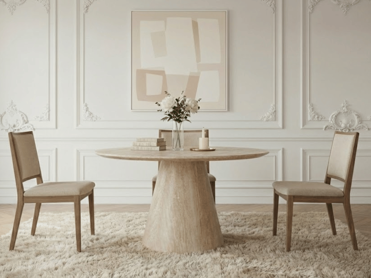 Table extensible NOMA Ø 120 à 200 cm – Plateau céramique effet marbre & piètement en bois rainuré