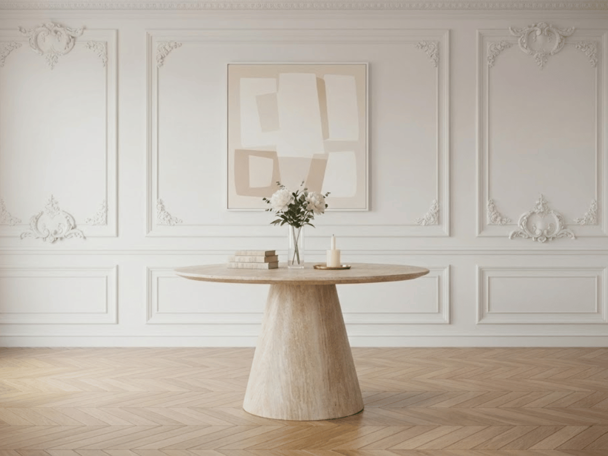 Table ronde extensible NELLA en bois – Ø 120 cm fermée / 200 cm ouverte – 2 rallonges intégrées