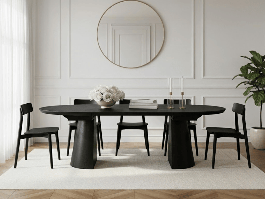 Table extensible NOMA Ø 120 à 200 cm – Plateau céramique effet marbre & piètement en bois rainuré