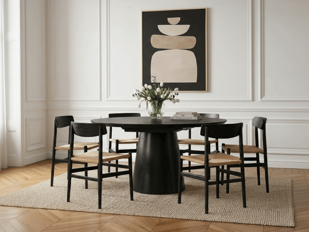 Table extensible NOMA Ø 120 à 200 cm – Plateau céramique effet marbre & piètement en bois rainuré