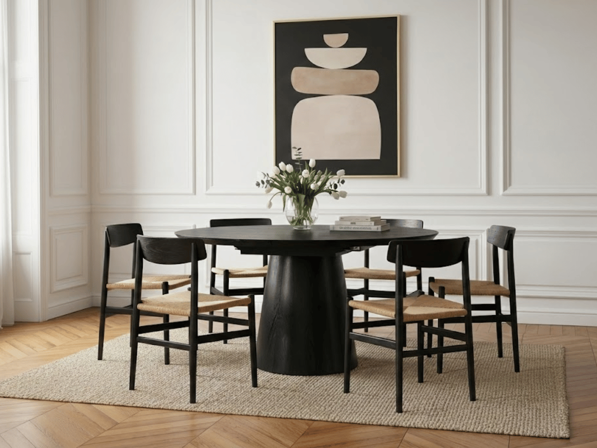 Table extensible NOMA Ø 120 à 200 cm – Plateau céramique effet marbre & piètement en bois rainuré