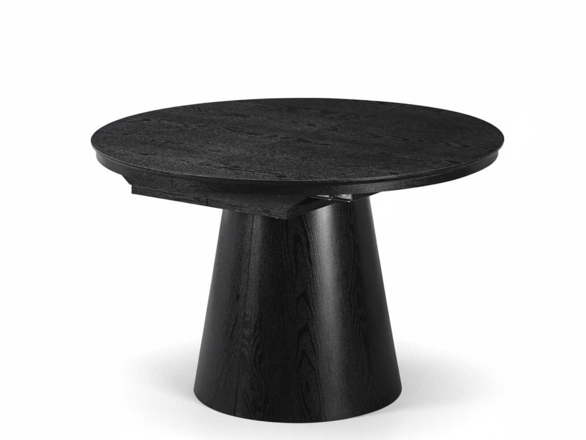 Table extensible NOMA Ø 120 à 200 cm – Plateau céramique effet marbre & piètement en bois rainuré