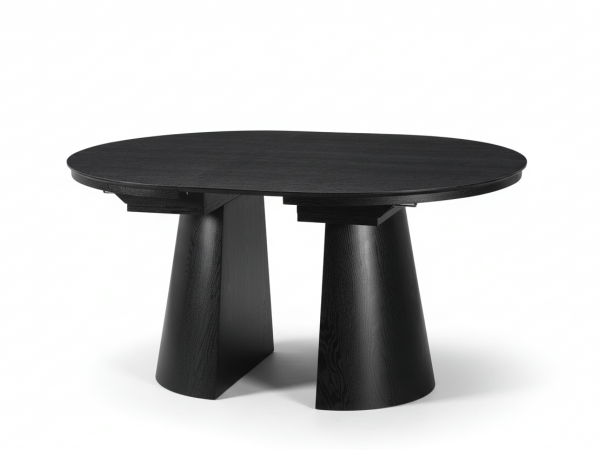 Table extensible NOMA Ø 120 à 200 cm – Plateau céramique effet marbre & piètement en bois rainuré