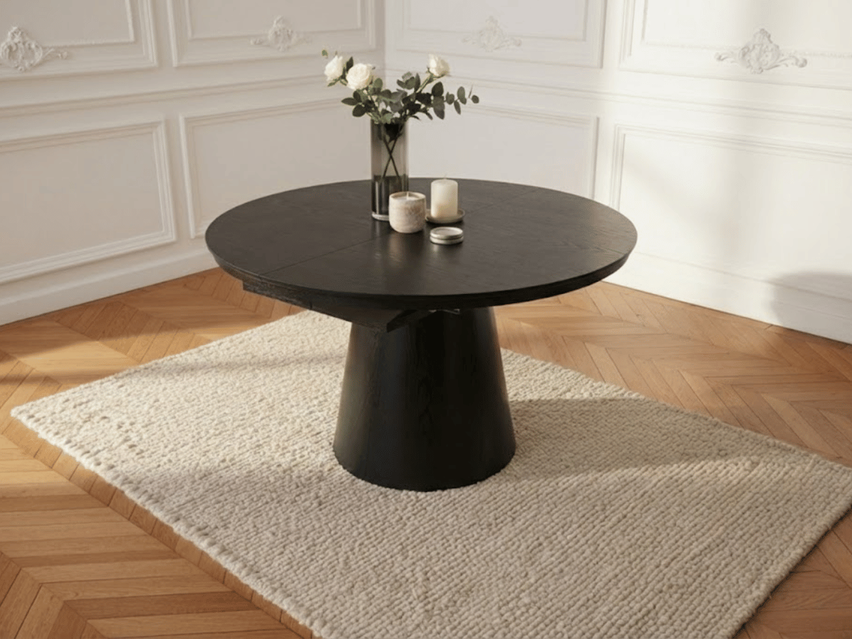 Table extensible NOMA Ø 120 à 200 cm – Plateau céramique effet marbre & piètement en bois rainuré