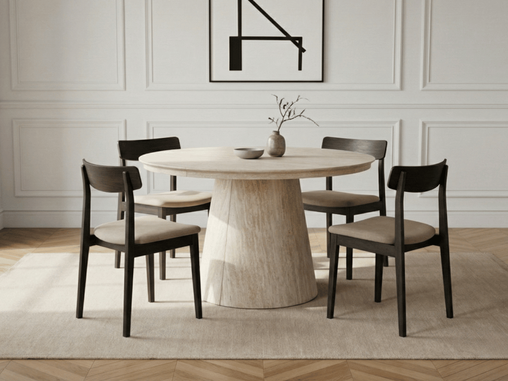 Table extensible NOMA Ø 120 à 200 cm – Plateau céramique effet marbre & piètement en bois rainuré