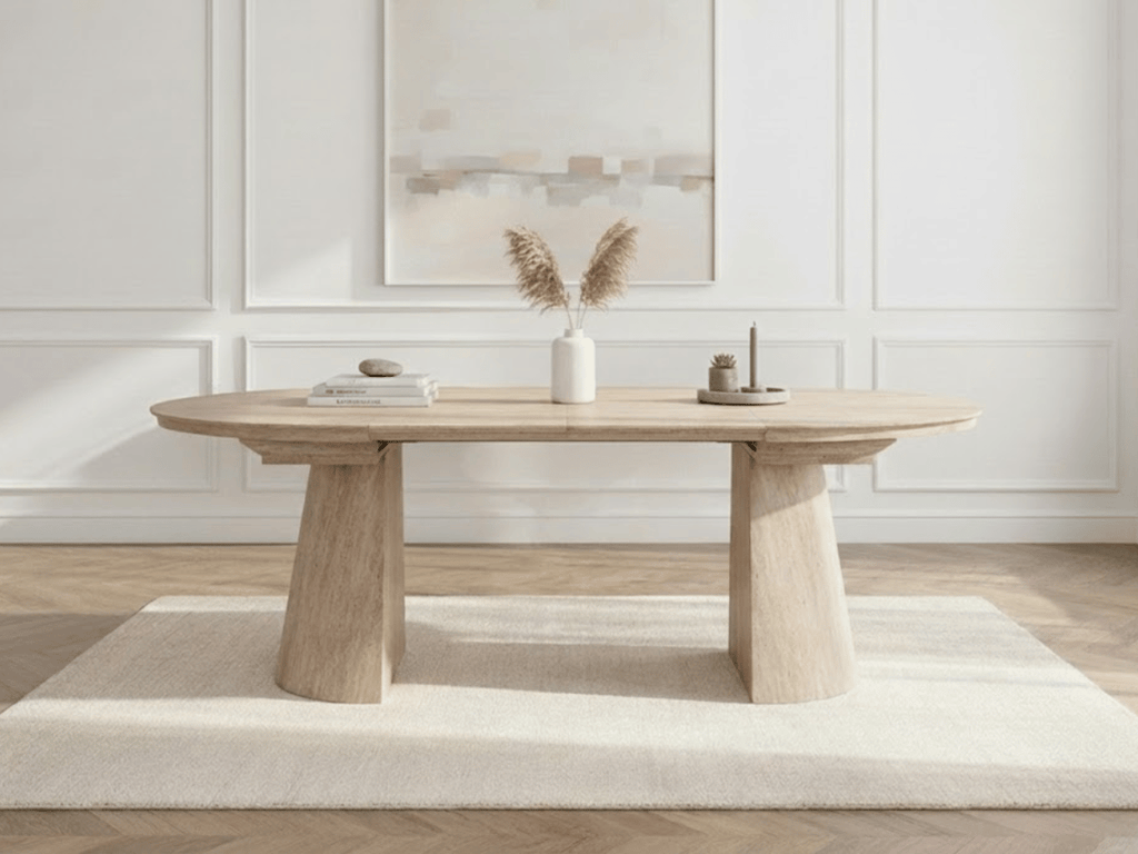 Table extensible NOMA Ø 120 à 200 cm – Plateau céramique effet marbre & piètement en bois rainuré