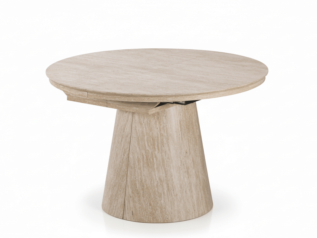 Table extensible NOMA Ø 120 à 200 cm – Plateau céramique effet marbre & piètement en bois rainuré