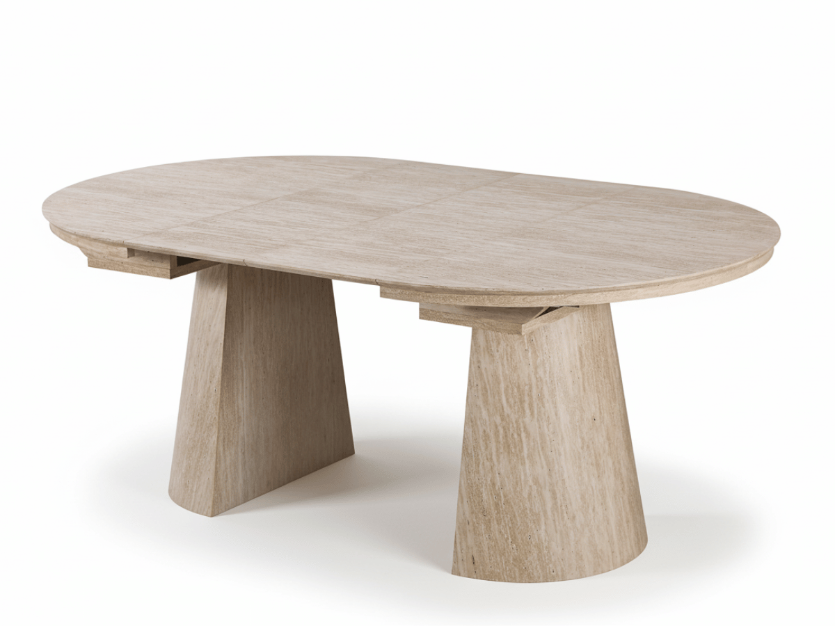 Table extensible NOMA Ø 120 à 200 cm – Plateau céramique effet marbre & piètement en bois rainuré