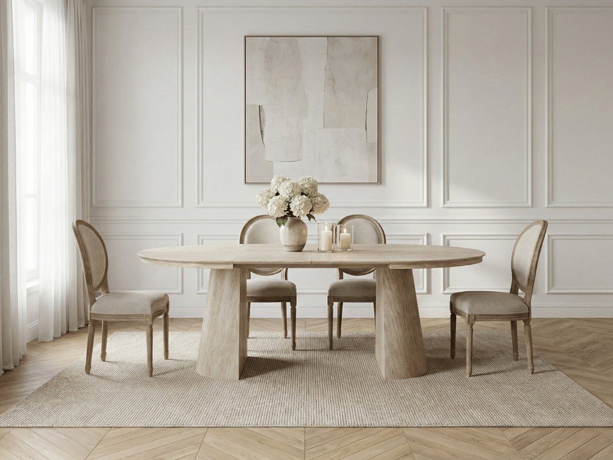 Table extensible NOMA Ø 120 à 200 cm – Plateau céramique effet marbre & piètement en bois rainuré