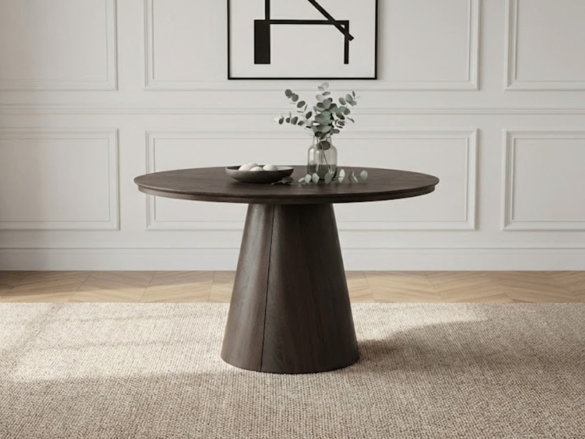 Table extensible NOMA Ø 120 à 200 cm – Plateau céramique effet marbre & piètement en bois rainuré
