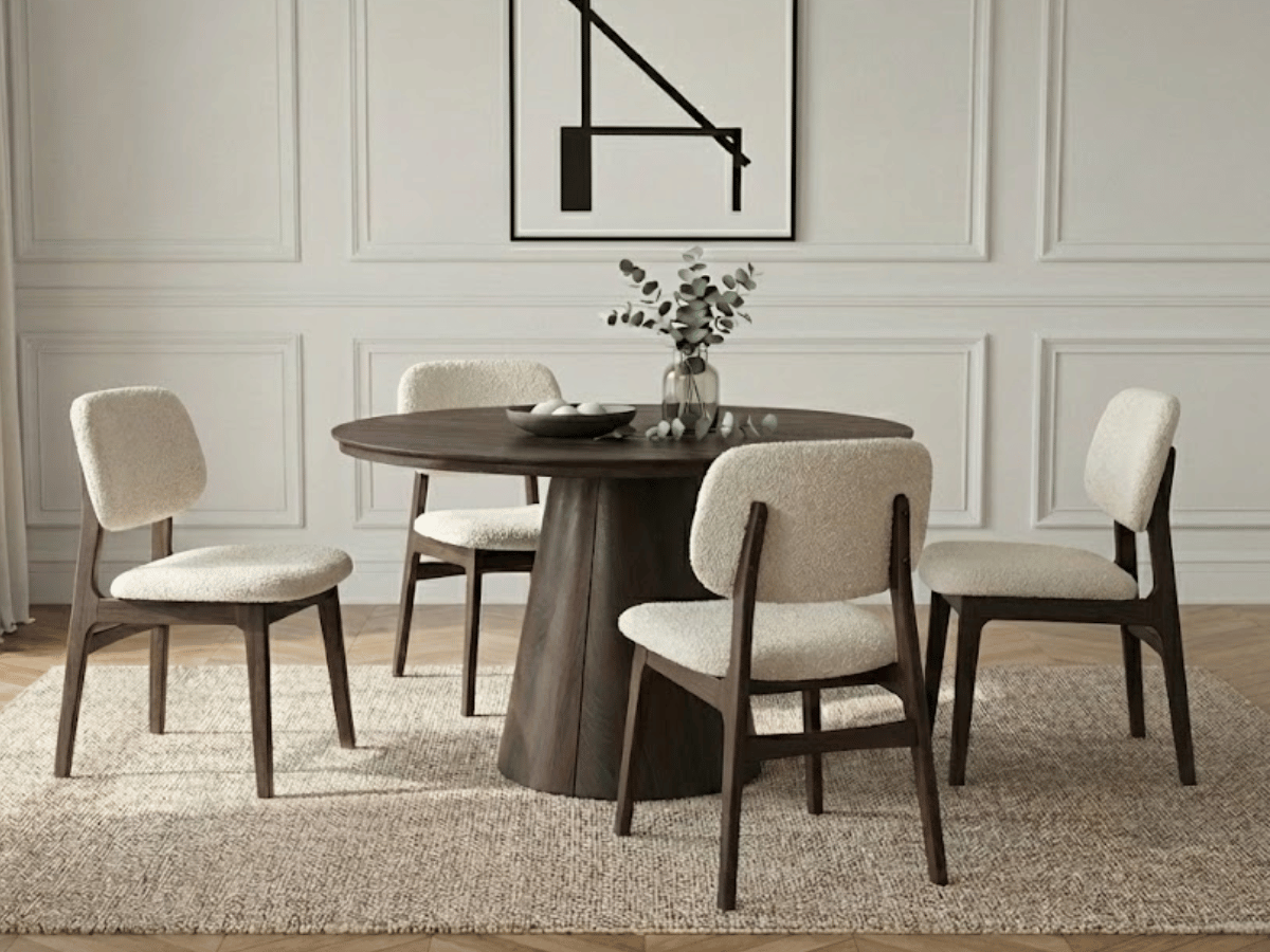 Table extensible NOMA Ø 120 à 200 cm – Plateau céramique effet marbre & piètement en bois rainuré