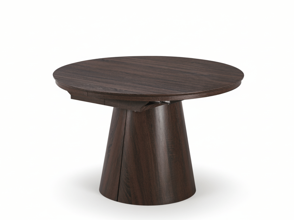 Table extensible NOMA Ø 120 à 200 cm – Plateau céramique effet marbre & piètement en bois rainuré