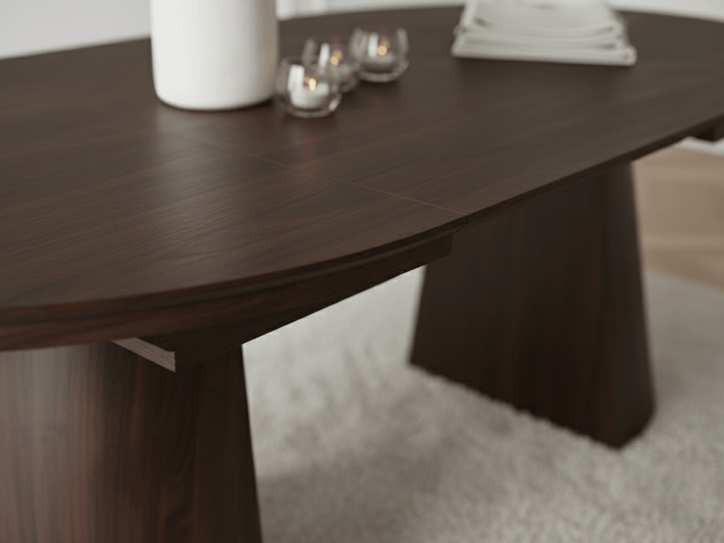 Table extensible NOMA Ø 120 à 200 cm – Plateau céramique effet marbre & piètement en bois rainuré