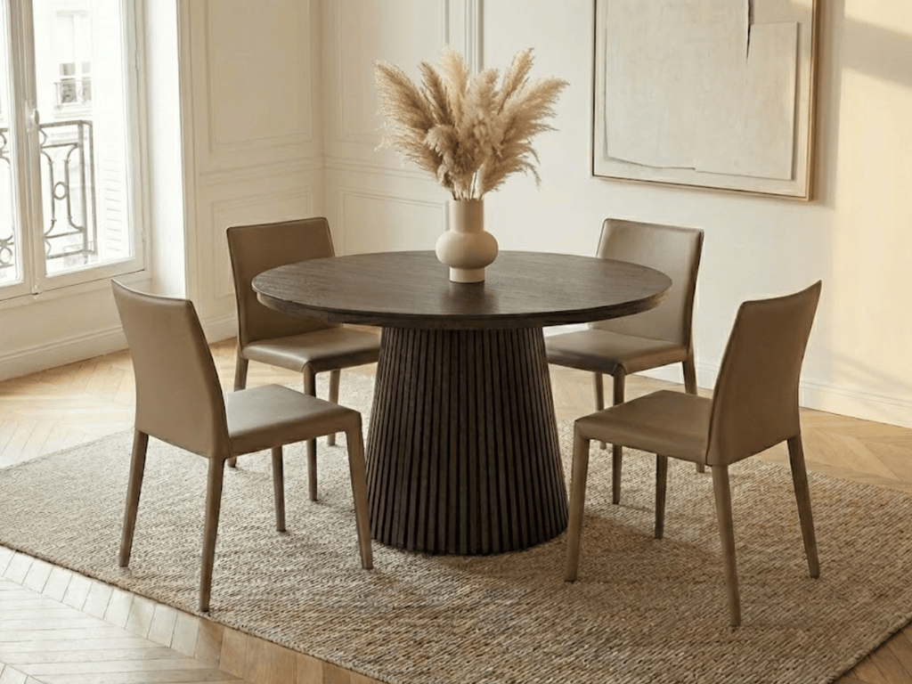 Table extensible NOMA Ø 120 à 200 cm – Plateau céramique effet marbre & piètement en bois rainuré