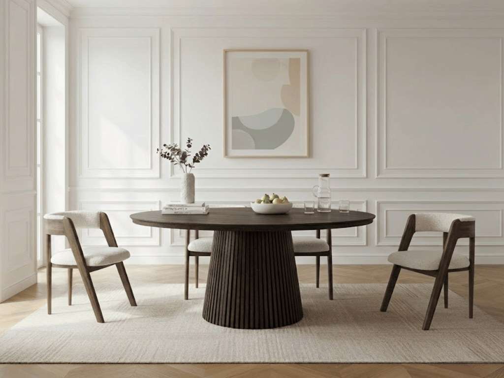 Table extensible NOMA Ø 120 à 200 cm – Plateau céramique effet marbre & piètement en bois rainuré
