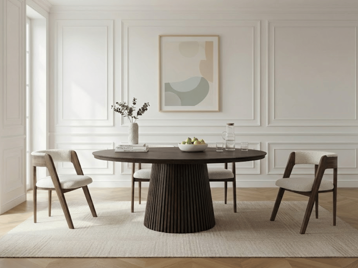 Table extensible NOMA Ø 120 à 200 cm – Plateau céramique effet marbre & piètement en bois rainuré