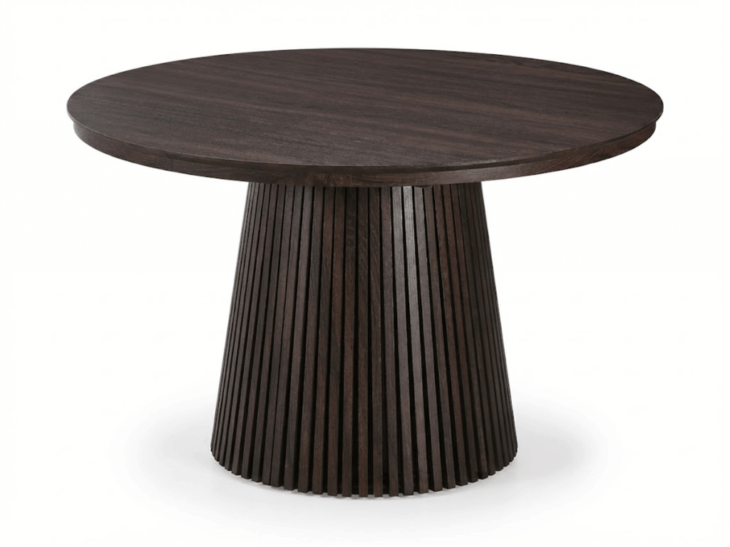 Table extensible NOMA Ø 120 à 200 cm – Plateau céramique effet marbre & piètement en bois rainuré