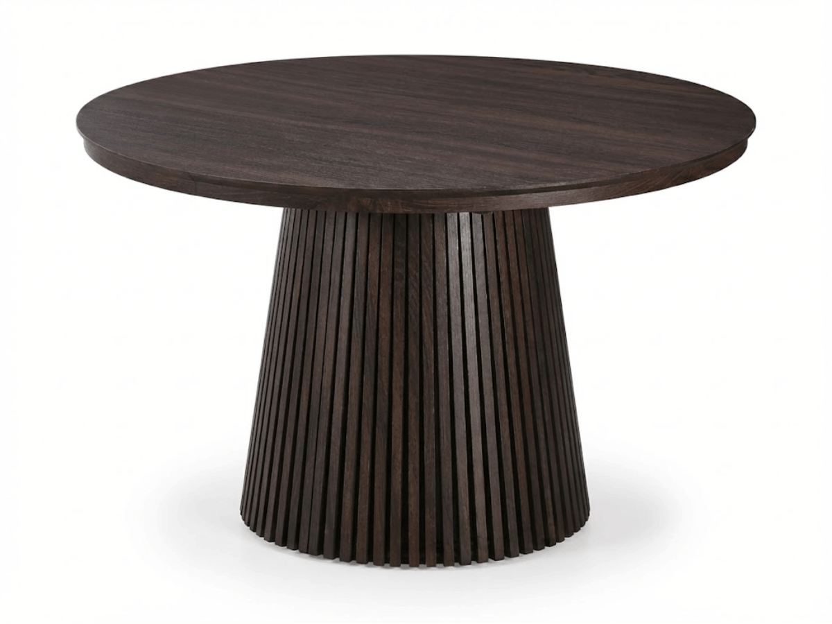 Table extensible NOMA Ø 120 à 200 cm – Plateau céramique effet marbre & piètement en bois rainuré