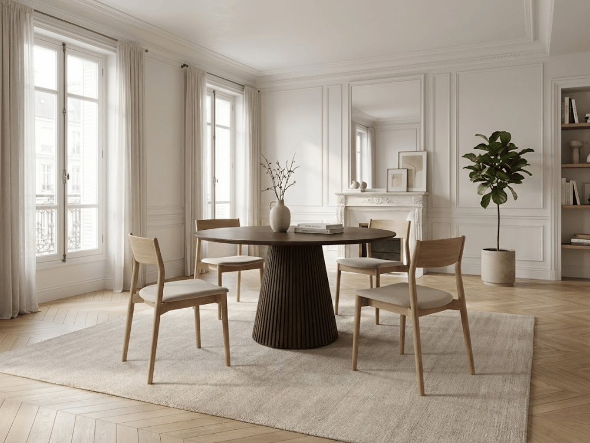 Table extensible NOMA Ø 120 à 200 cm – Plateau céramique effet marbre & piètement en bois rainuré
