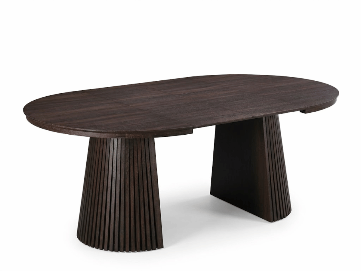 Table extensible NOMA Ø 120 à 200 cm – Plateau céramique effet marbre & piètement en bois rainuré