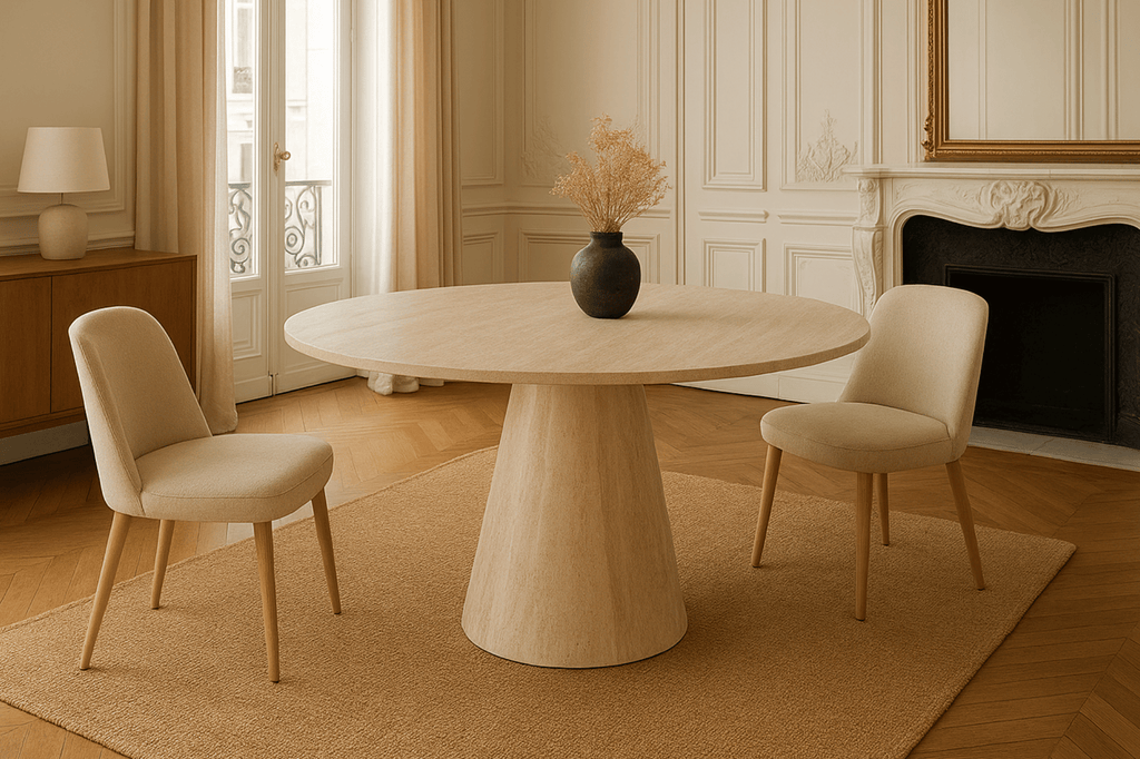 Table ronde extensible NELLA en bois – Ø 120 cm fermée / 200 cm ouverte – 2 rallonges intégrées