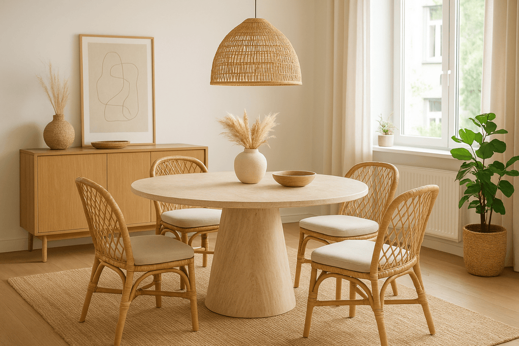 Table ronde extensible NELLA en bois – Ø 120 cm fermée / 200 cm ouverte – 2 rallonges intégrées