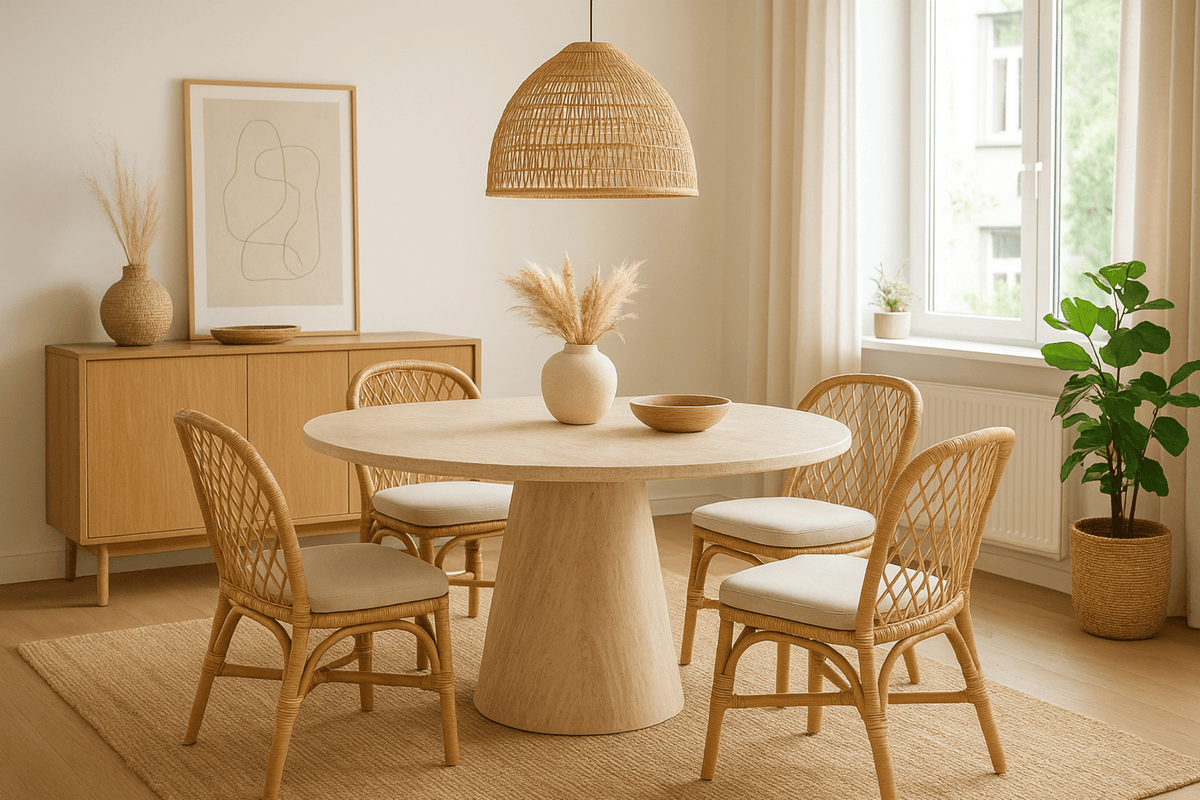 Table ronde extensible NELLA en bois – Ø 120 cm fermée / 200 cm ouverte – 2 rallonges intégrées