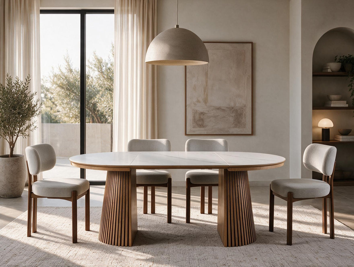 Table ronde extensible TARGA en bois – Ø 115 cm fermée - 85 cm ouverte – 2 rallonges intégrées