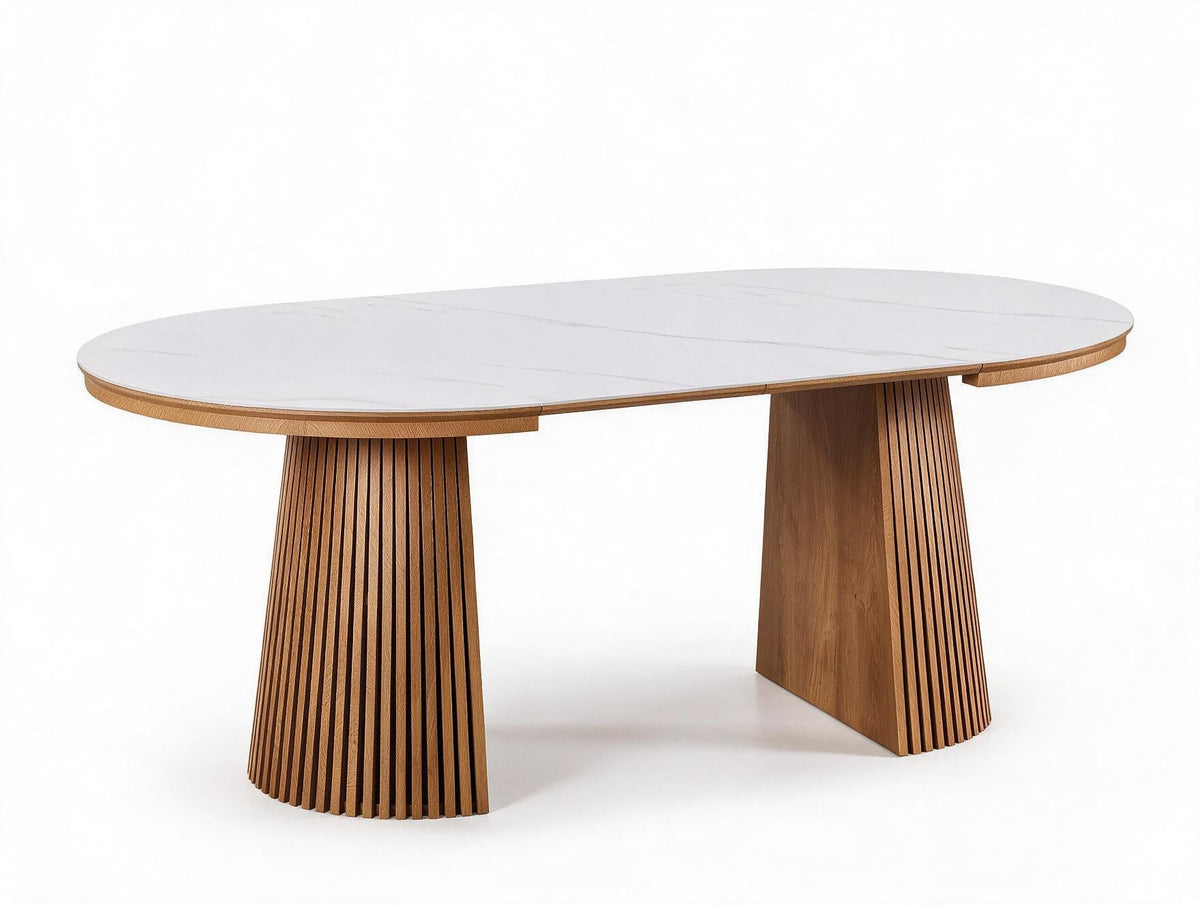 Table ronde extensible TARGA en bois – Ø 115 cm fermée - 85 cm ouverte – 2 rallonges intégrées