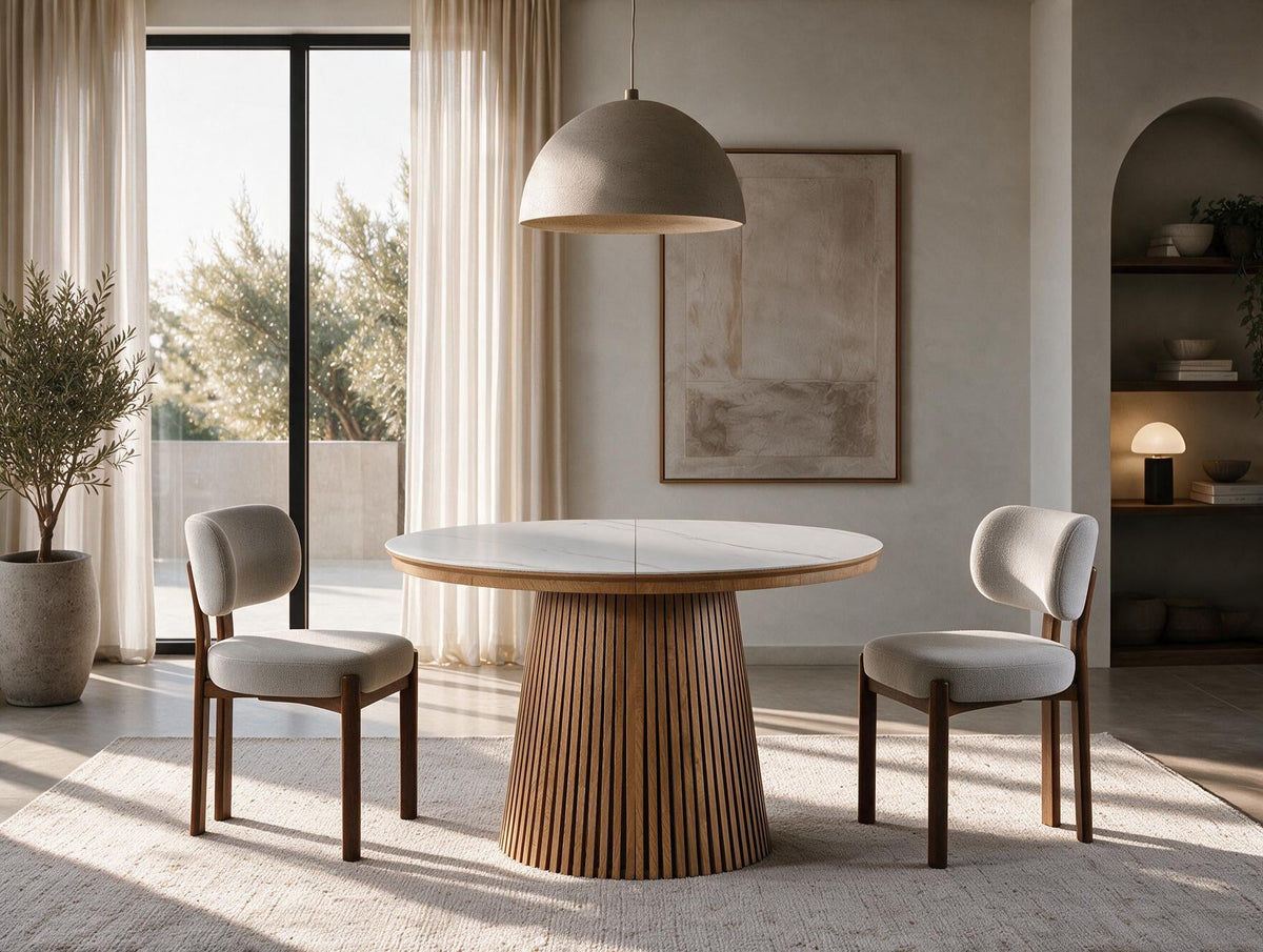 Table ronde extensible TARGA en bois – Ø 115 cm fermée - 85 cm ouverte – 2 rallonges intégrées