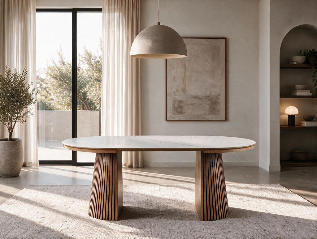 Table ronde extensible TARGA en bois – Ø 115 cm fermée - 85 cm ouverte – 2 rallonges intégrées