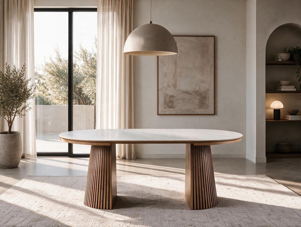 Table ronde extensible TARGA en bois – Ø 115 cm fermée - 85 cm ouverte – 2 rallonges intégrées