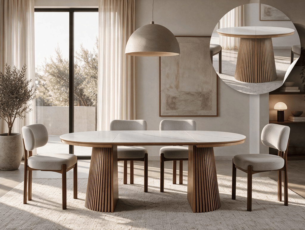 Table extensible NOMA Ø 120 à 200 cm – Plateau céramique effet marbre & piètement en bois rainuré