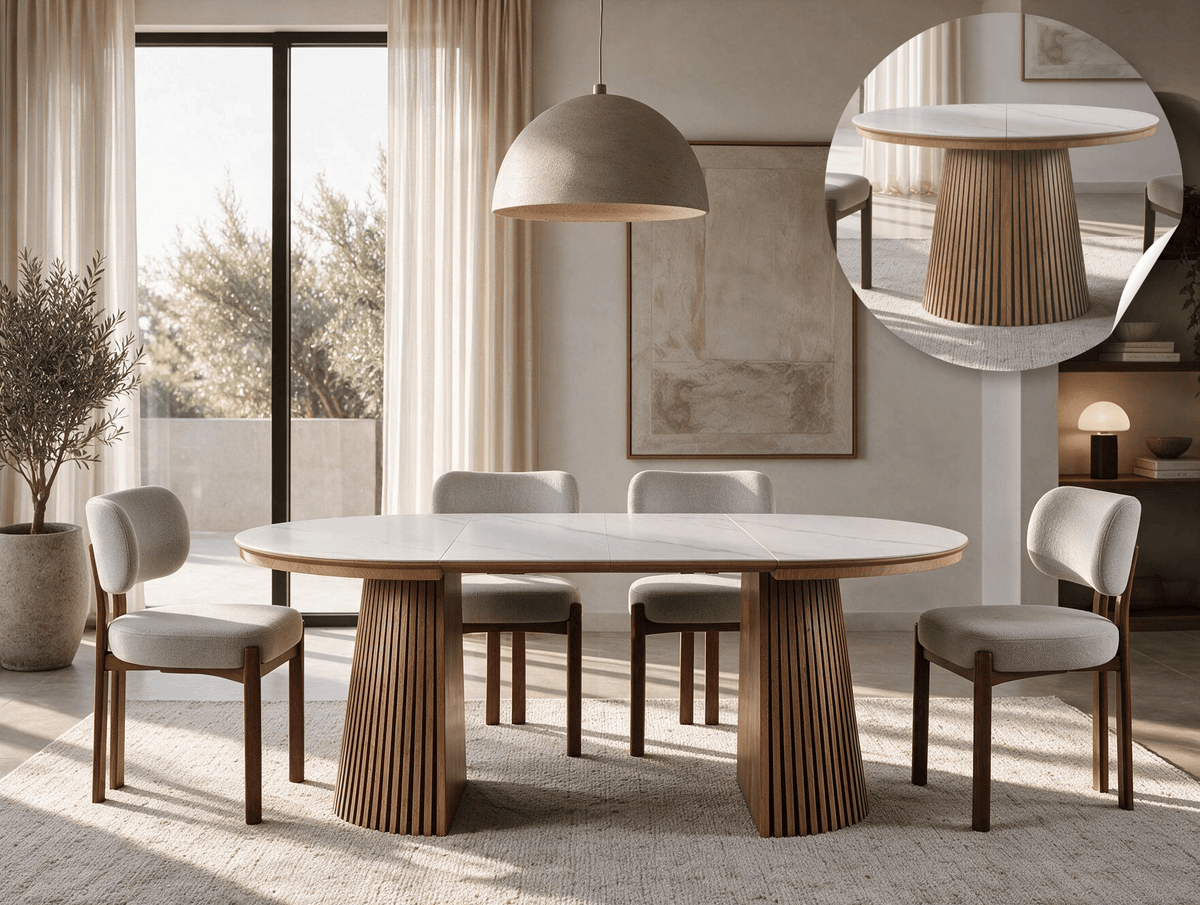 Table ronde extensible TARGA en bois – Ø 115 cm fermée - 85 cm ouverte – 2 rallonges intégrées