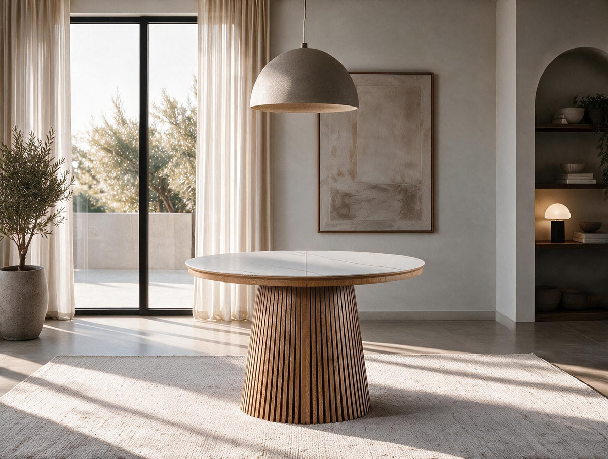 Table ronde extensible TARGA en bois – Ø 115 cm fermée - 85 cm ouverte – 2 rallonges intégrées